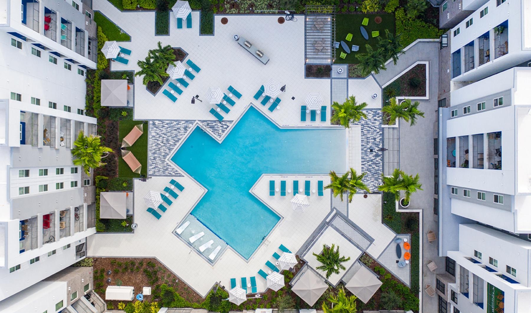 overhead shot of courtyard swimming pool
