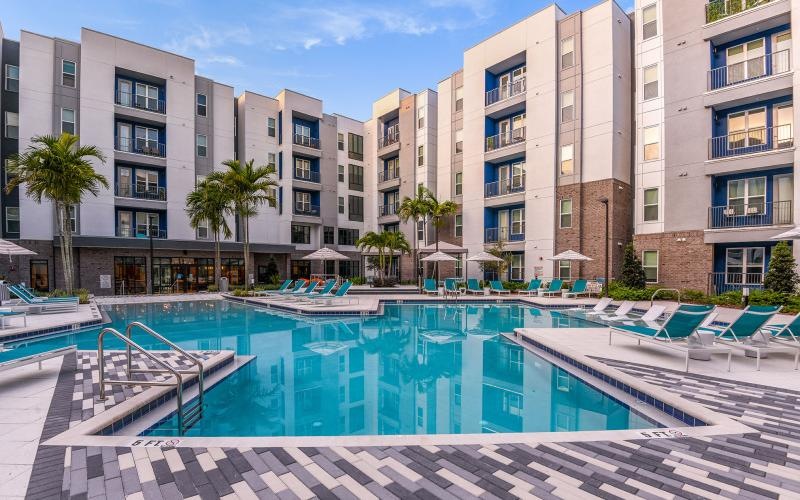lounge chairs surround swimming pool
